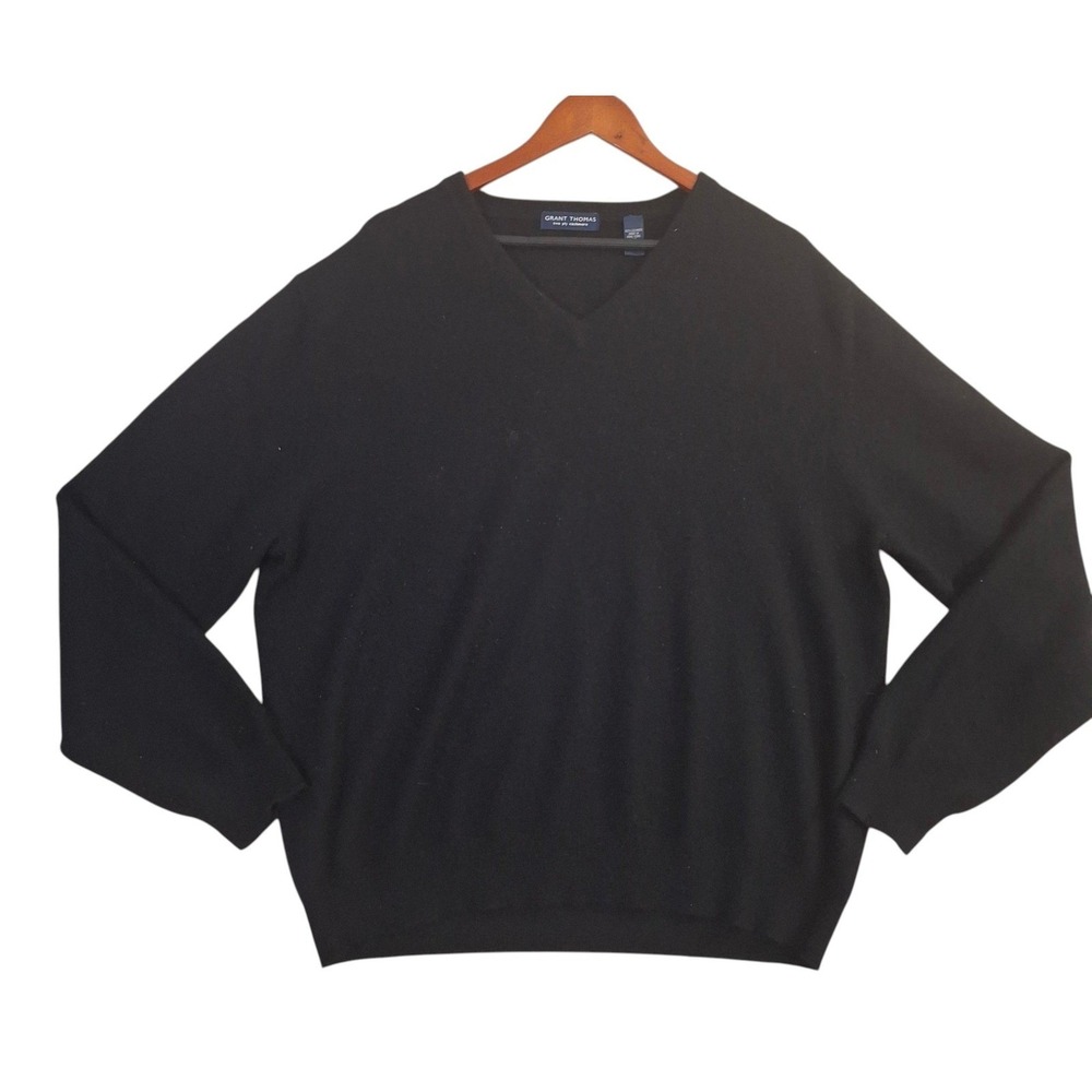 Vintage Grant Thomas Cashmere Sweater Mens XXL Black V-Neck 100% Two Ply Knit
